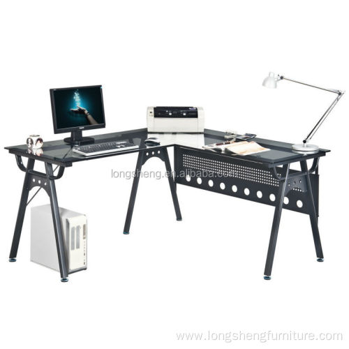 L shape office glass computer desk with metal